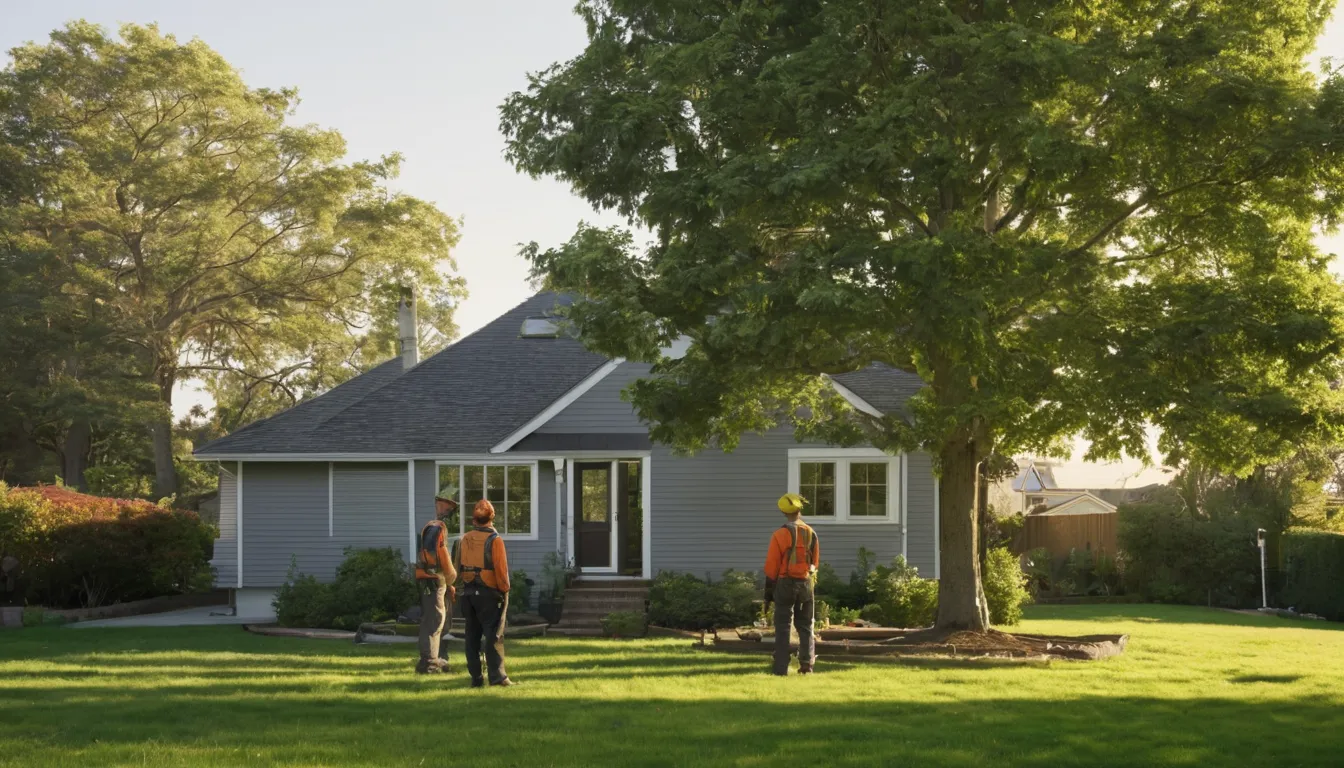 A homeowner in Vernon looking up at a tall tree beside a house while a provider talks with them